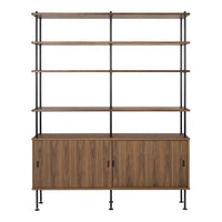 "Modern wooden shelf unit with a warm brown finish and sleek black metal accents, featuring open and closed storage."