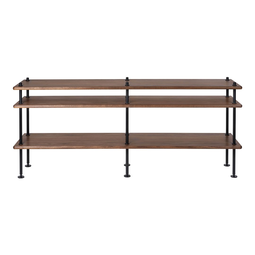 "Brown wooden shelves with black metal supports, featuring a clean, modern design and minimalist style."