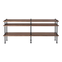 "Brown wooden shelves with black metal supports, featuring a clean, modern design and minimalist style."