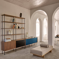 Modern wood shelving unit with dark brown, black, and vibrant blue finishes in a soft, neutral-toned room.