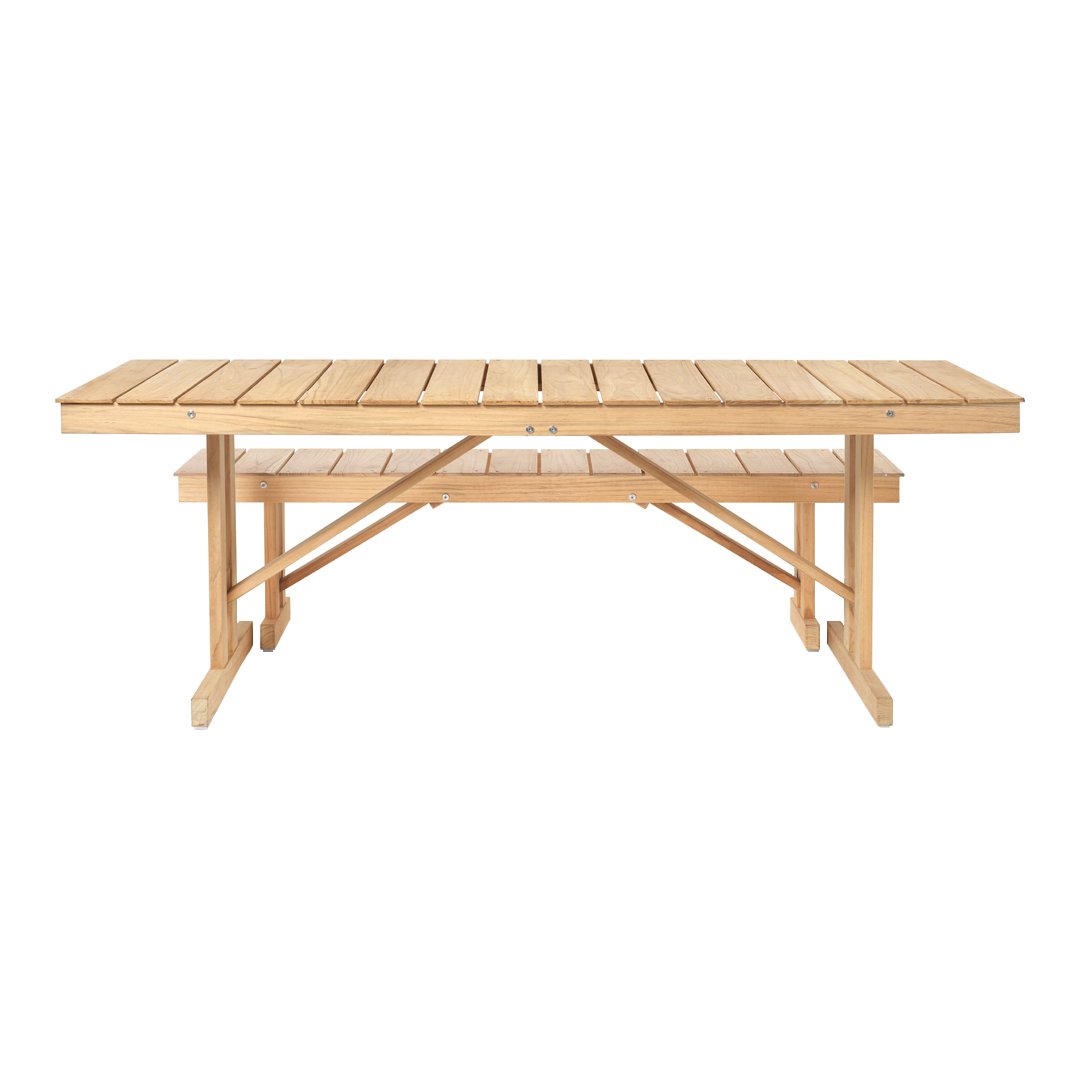 Natural wood dining table with a slatted design and a light beige color, perfect for outdoor or indoor settings.