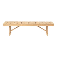 Natural wood bench with a light, sandy finish and slatted design, perfect for outdoor or indoor decor.