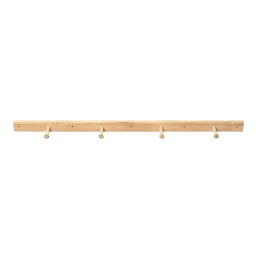 Natural wood wall hook rack with a light beige finish and smooth wooden knobs. Simple, minimalist design.