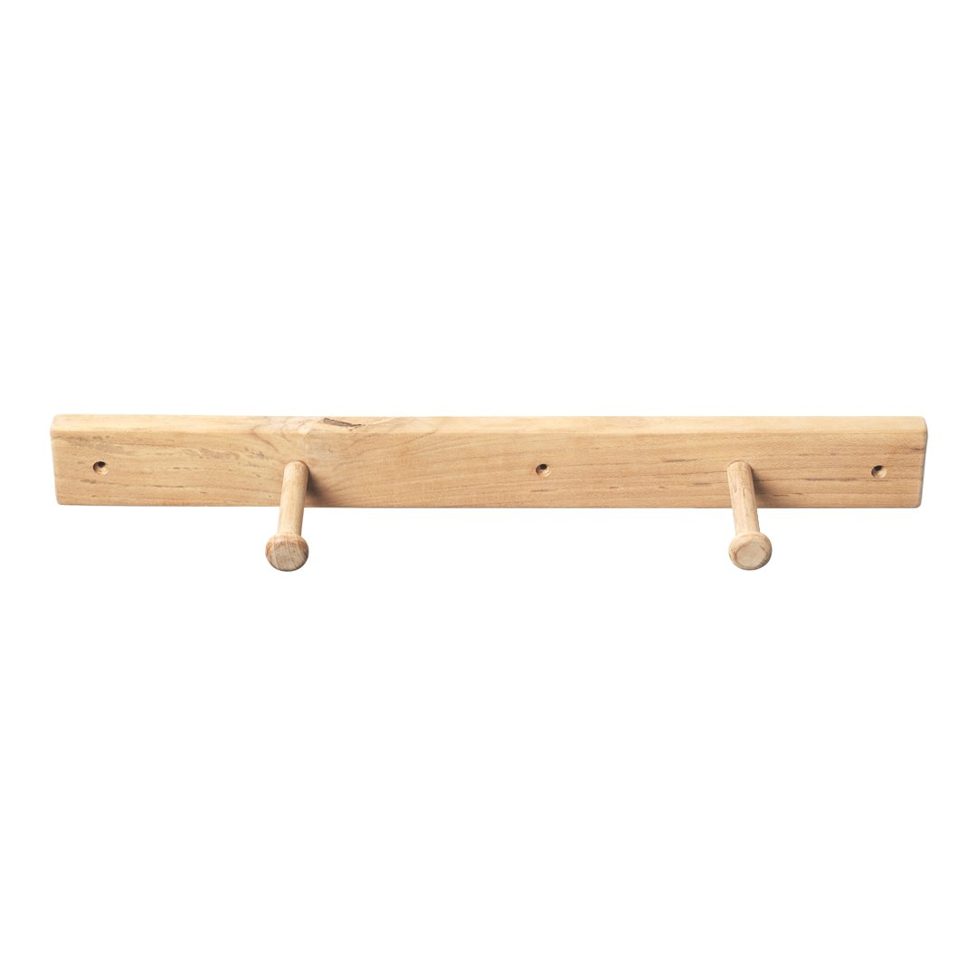 Natural wood wall hook rack in light brown with a smooth finish and two simple wooden pegs. Perfect for minimalist decor.