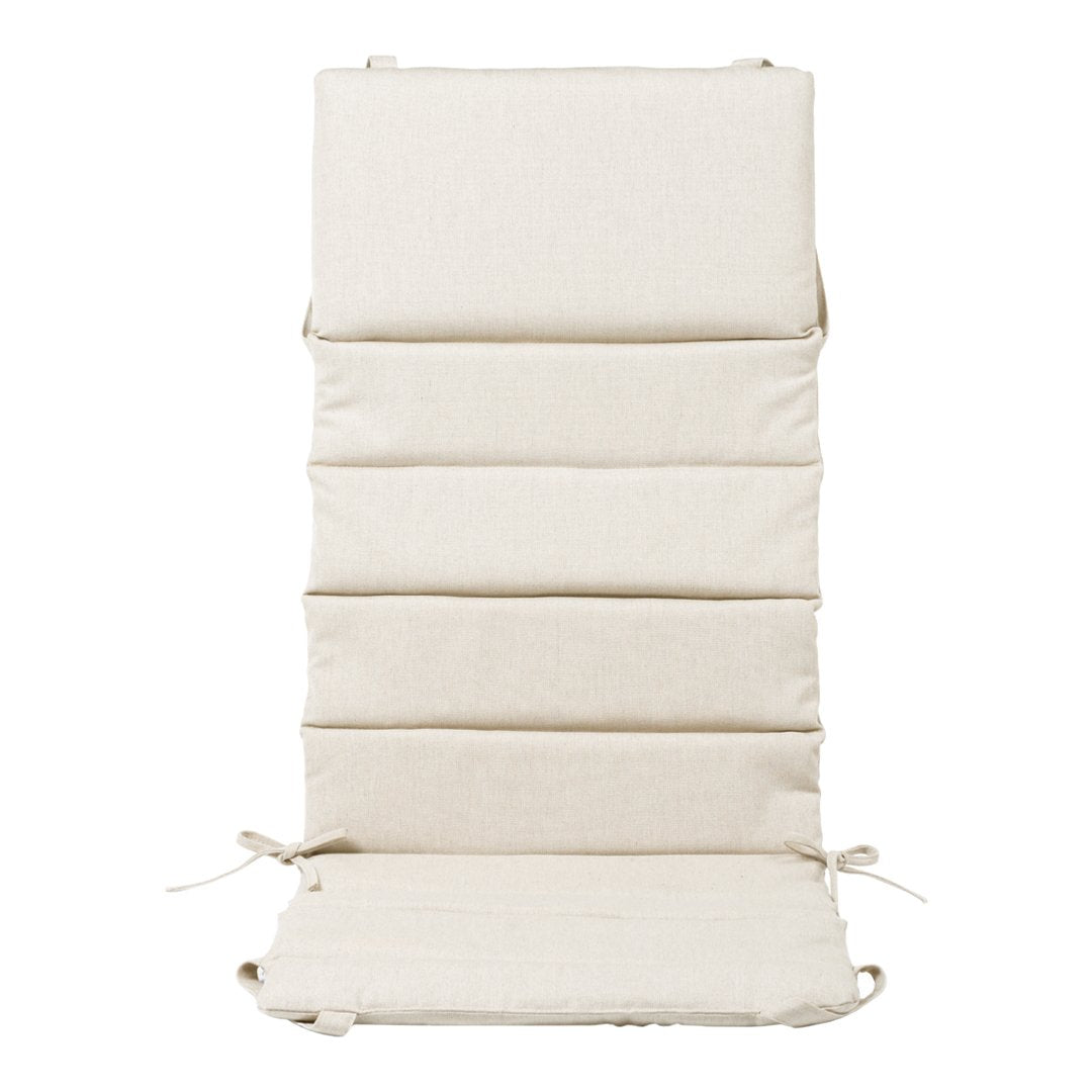 Cream-colored seating cushion with a simple, solid pattern and vertical stitching details. Perfect for outdoor chairs.