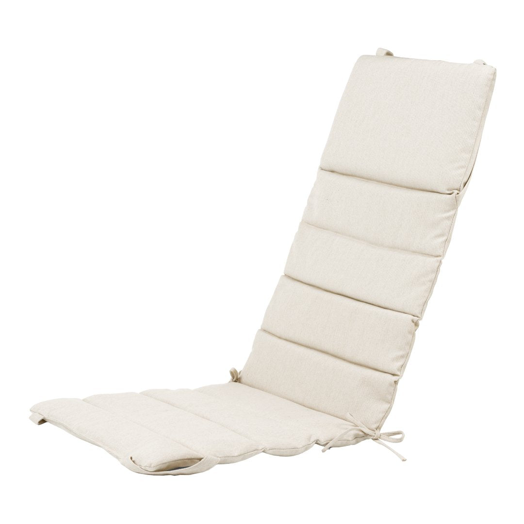 Beige cushioned lounge chair with a simple, stitched pattern. Ideal for comfort and style in any space.