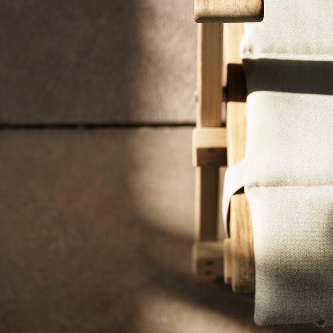 Light beige fabric with soft texture, paired with warm wooden accents and subtle shadows for a calming effect.
