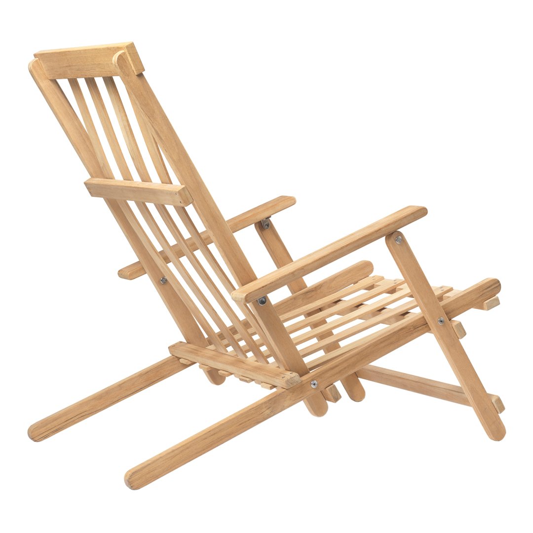 Natural wood color folding chair with slatted design and minimalistic pattern for a relaxed outdoor vibe.