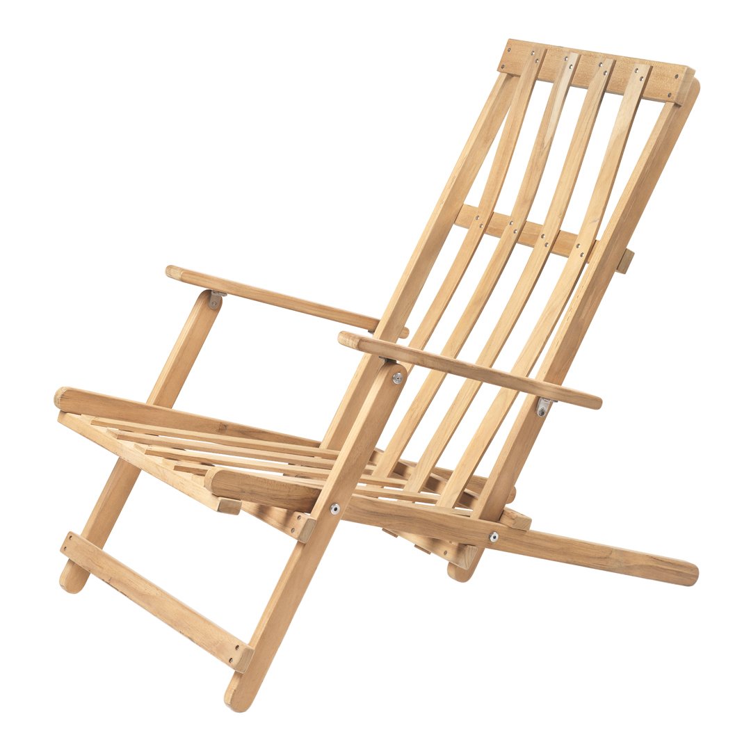 Natural wood deck chair in a slatted design, featuring a light timber finish with a smooth, polished surface.