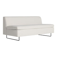 Elegant off-white sofa with a smooth, textured fabric and minimalist black metal legs. Modern and versatile design.