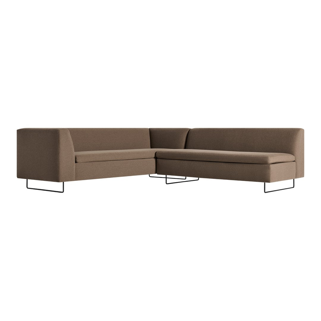 Brown L-shaped sofa with a clean, modern design and minimalist black metal legs. Perfect for contemporary spaces.