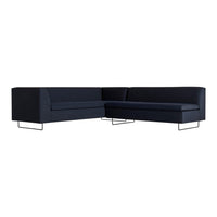 Dark navy blue sofa with a modern design and textured fabric, featuring sleek black metal legs.
