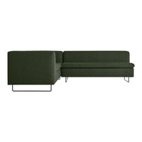 Dark green textured sofa with sleek black metal legs, featuring a modern minimalist design.