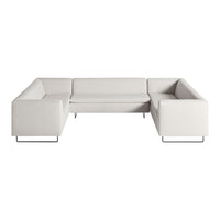Stylish white corner sofa with a modern minimalist design, featuring soft, textured upholstery and sleek black legs.