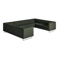 Green fabric sectional sofa with a sleek, modern design and subtle texture, featuring minimalist metal legs.