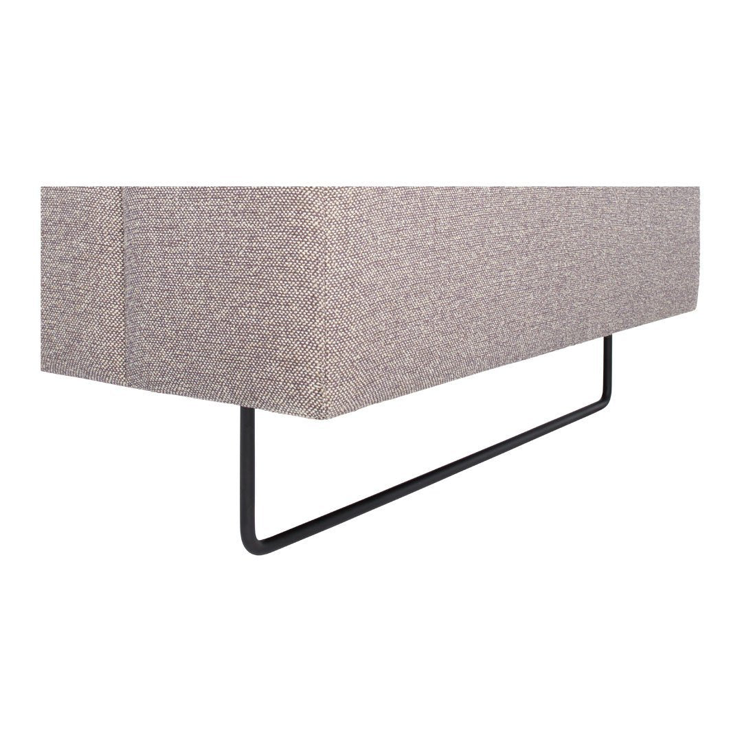 Textured beige fabric with subtle patterns, complemented by a sleek black metal frame.