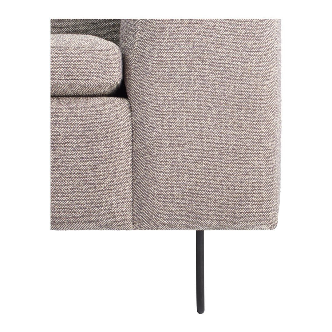 Textured beige fabric with subtle flecks, paired with a sleek black metal leg.
