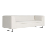 Minimalist white sofa with a textured fabric and sleek black metal legs, perfect for modern decor.