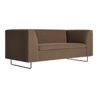 Brown fabric sofa with a sleek, modern design and minimalist black metal legs. Perfect for contemporary decor.