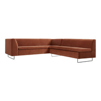 Brown velvet sectional sofa with a sleek, modern design and clean lines, featuring minimalistic metallic legs.