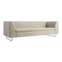 Modern beige sofa with clean lines and a minimalist design, featuring a textured fabric and sleek metal legs.