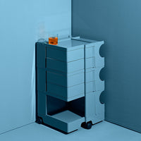 Light blue multi-drawer storage cart with a sleek, modern design, featuring smooth surfaces and subtle curves.