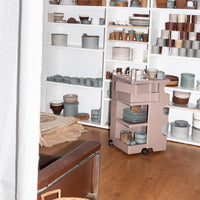 "Variety of gray, terracotta, and bronze ceramic pots and plates on white shelves with a pink cart in a stylish workspace."