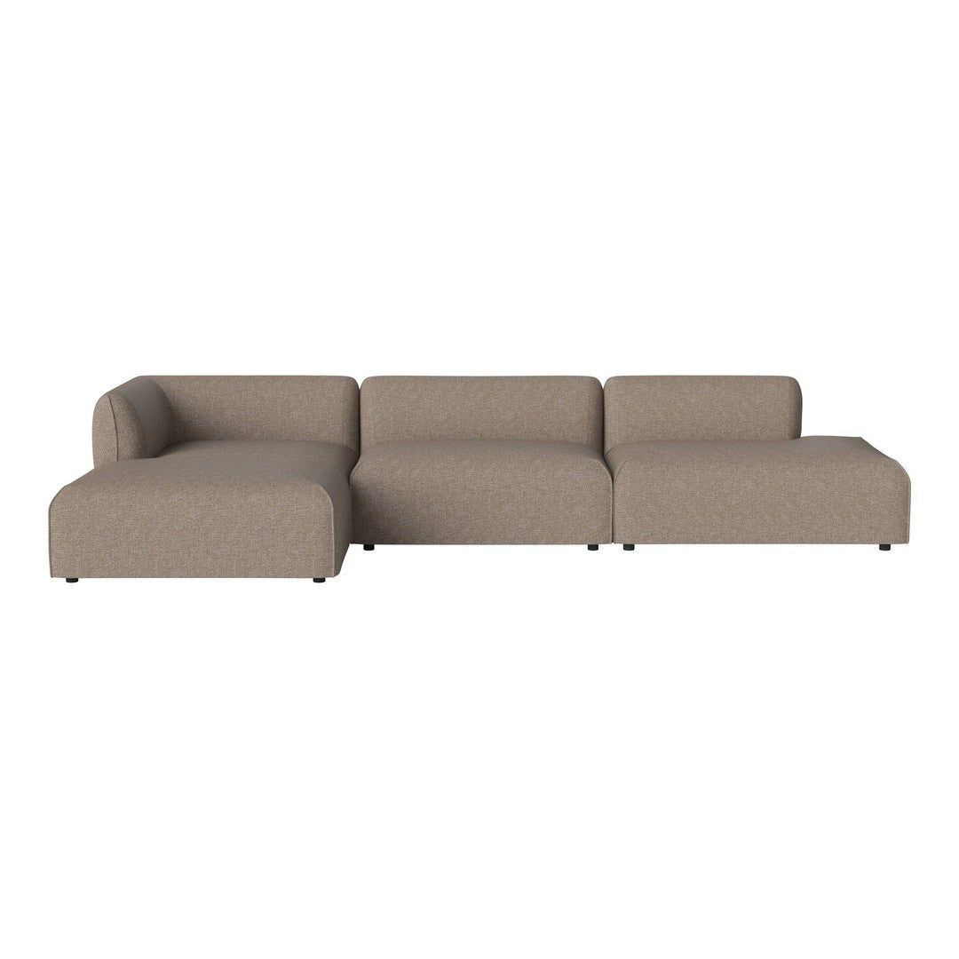 Beige sectional sofa with a textured fabric finish, featuring a modern, minimalist design and clean lines.