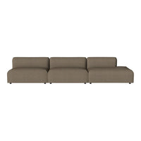 Brown fabric sectional sofa with a sleek, minimalist design, featuring smooth lines and a textured finish.