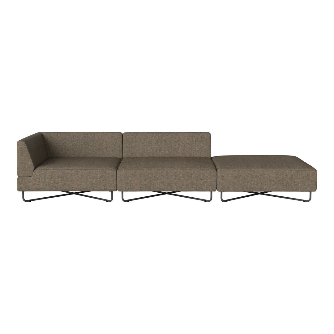 Modern brown sectional sofa with a sleek, minimalist design and subtle textured fabric on a geometric metal base.