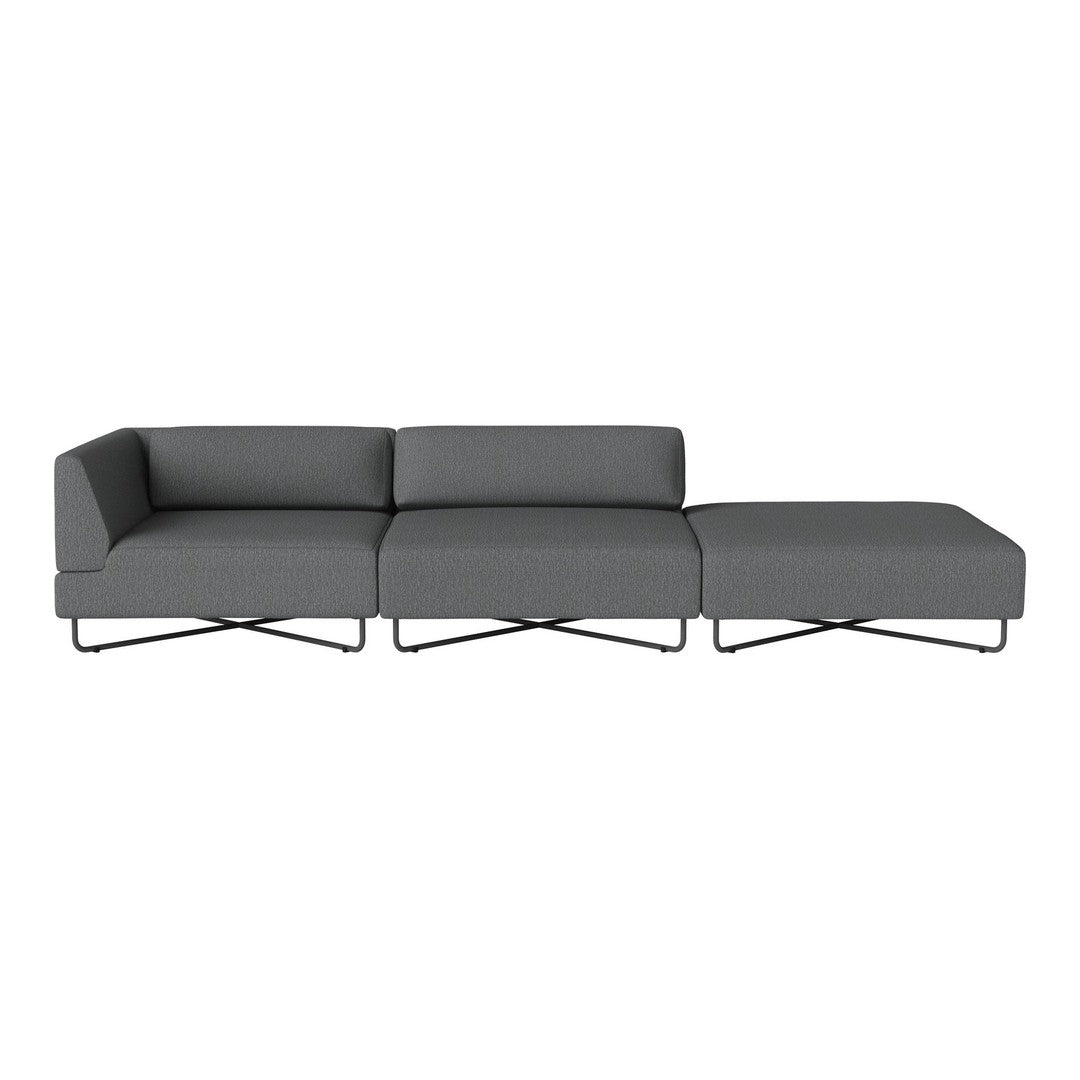 Modern gray sectional sofa with clean lines and a minimalist design, featuring solid color and no patterns.