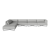Modern gray sectional sofa with clean lines and simple geometric patterns on a sleek metal frame. Perfect for any living space.
