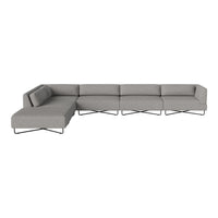 Gray sectional sofa with a modern design and subtle geometric patterns, featuring a sleek metal frame.