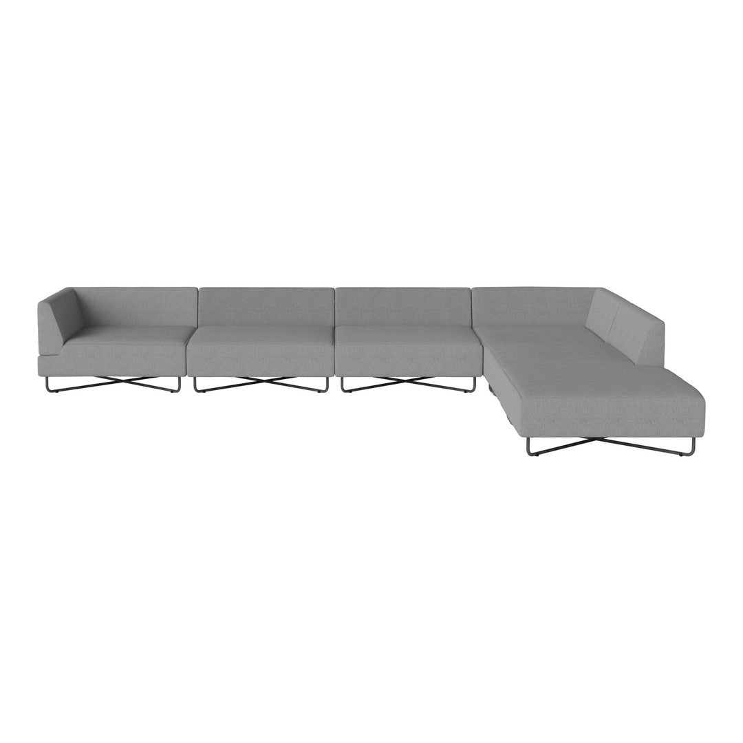 Gray sectional sofa with sleek lines and minimalistic design, featuring solid fabric upholstery and metal legs.