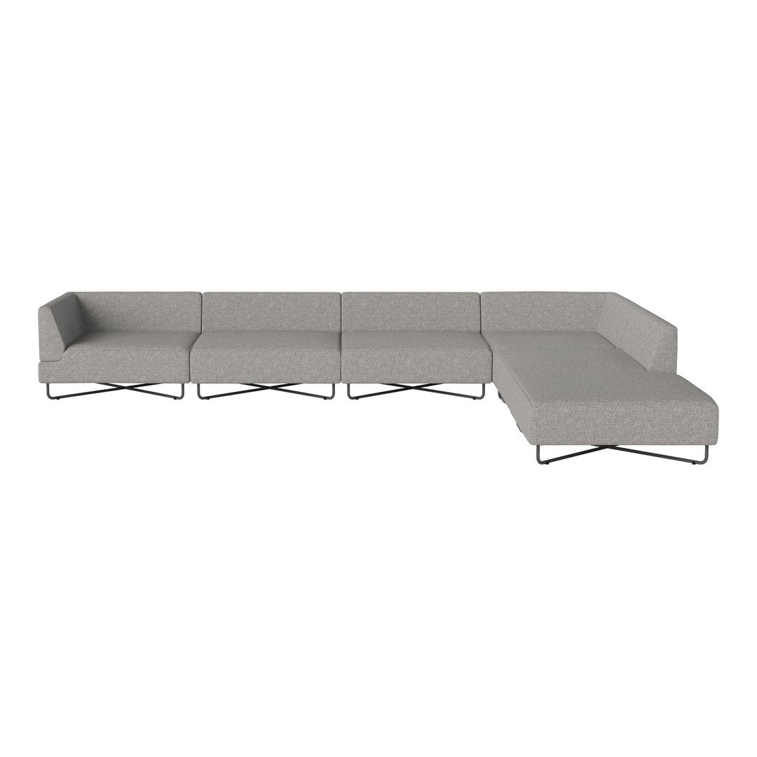 Gray sectional sofa with a sleek design and smooth fabric, featuring subtle texture and modern stainless steel legs.