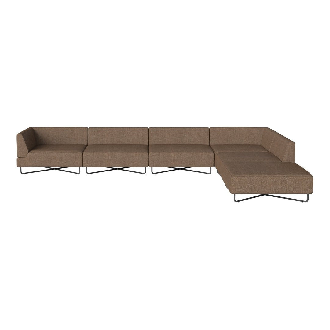 Brown sectional sofa with clean lines and a modern design, featuring a smooth fabric upholstery.