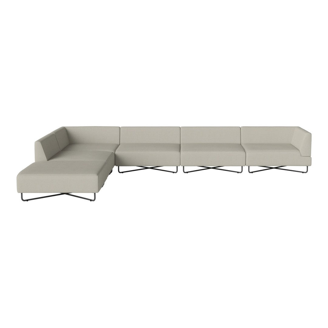 Light gray modular sectional sofa with clean lines and a minimalist design on a sleek metal base.