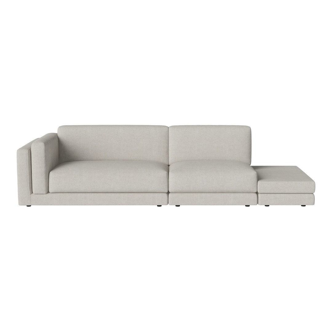 Light gray fabric sectional sofa with a minimalist design and sleek lines, ideal for modern living spaces.