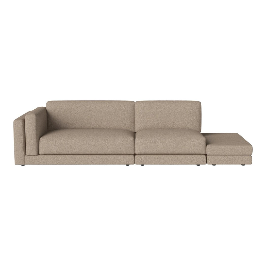 Beige sectional sofa with a smooth, textured fabric and minimalist design. Ideal for modern living spaces.