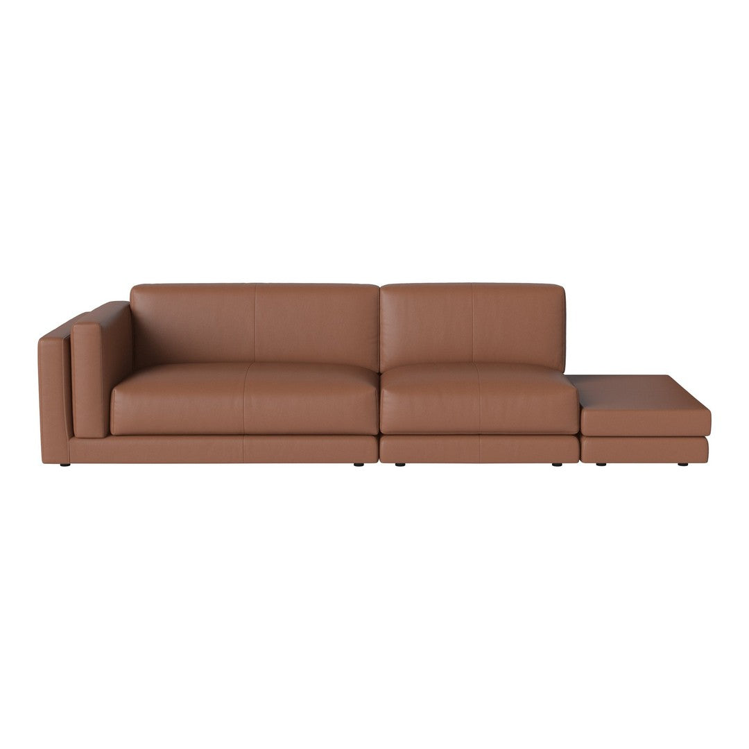 Brown leather sectional sofa with a sleek, modern design and smooth texture, perfect for contemporary interiors.