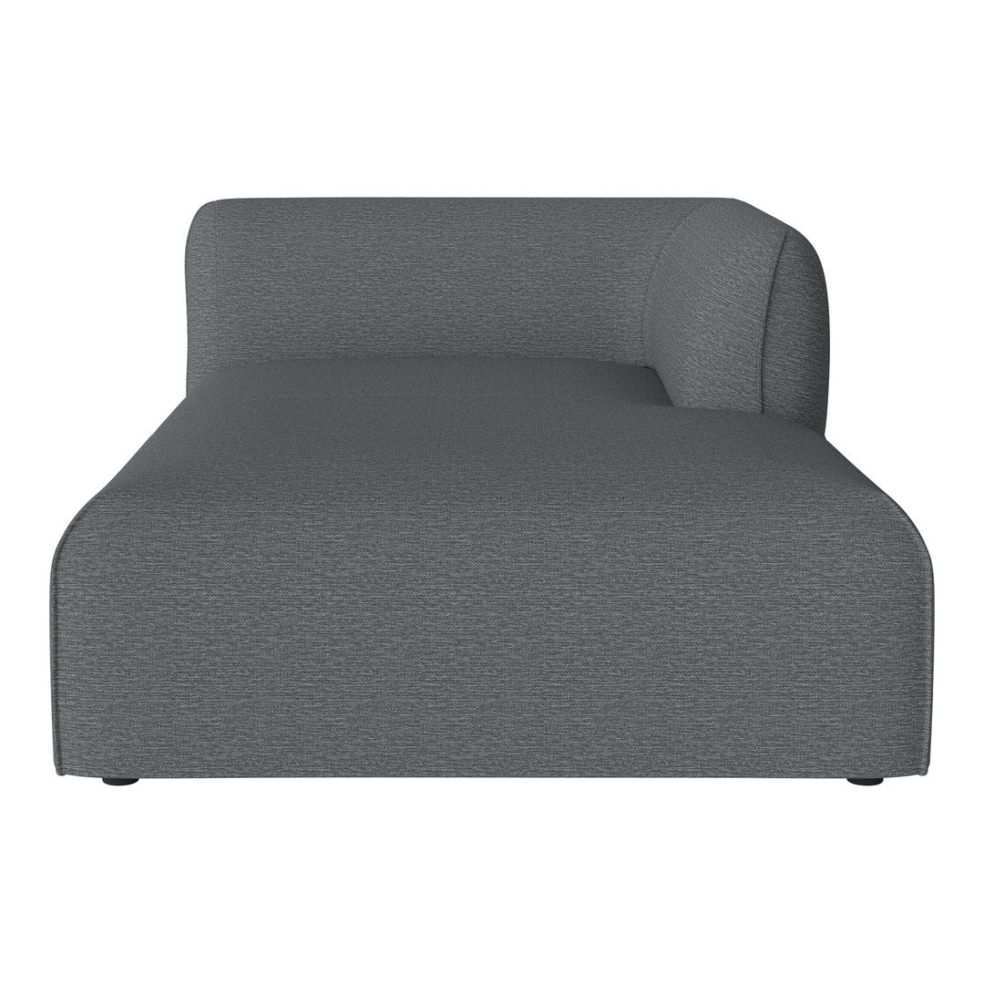 Gray upholstered chaise lounge with a textured fabric pattern and a modern, minimalist design.