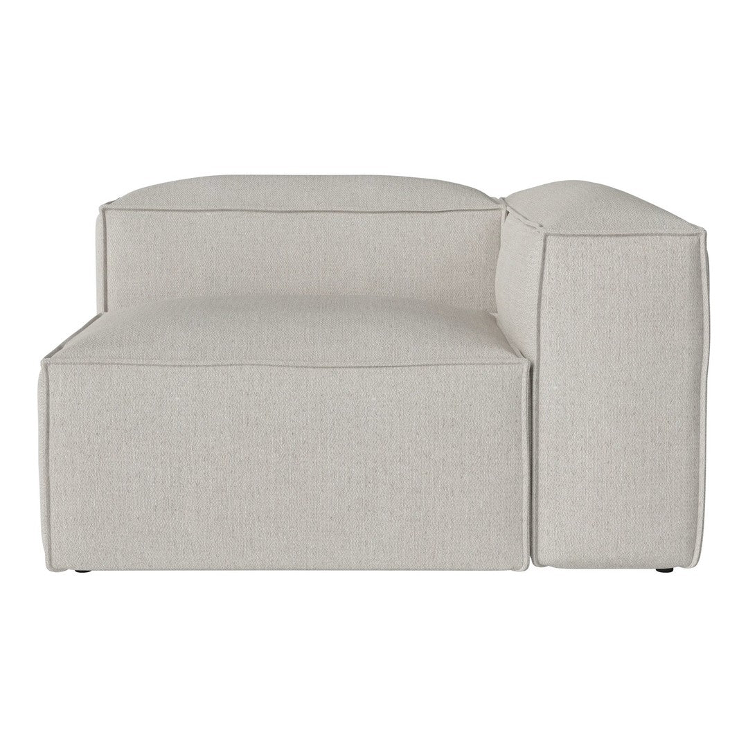 Light gray upholstered sectional sofa with a minimalist design and smooth, textured fabric. Ideal for modern decor.