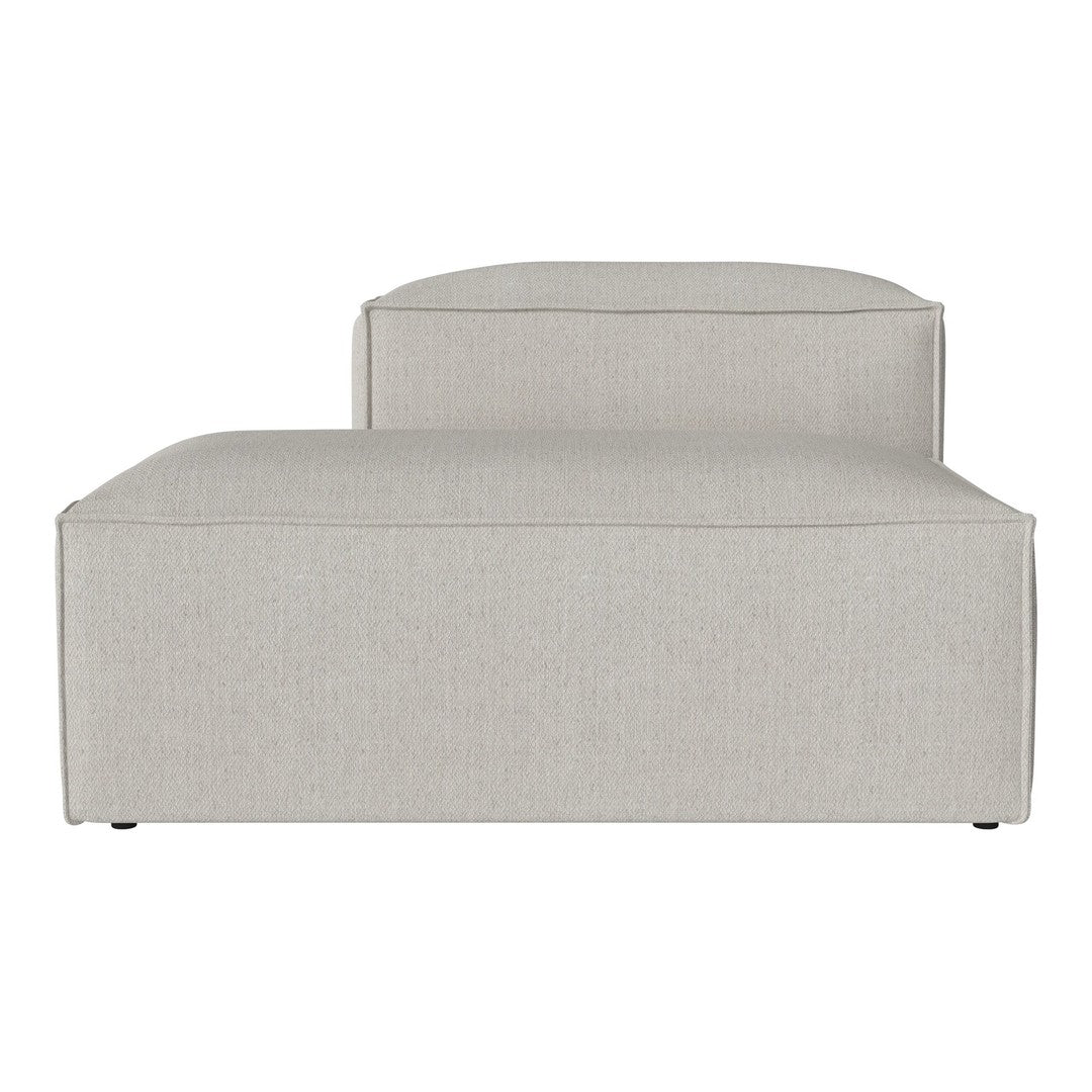 Light gray upholstered chaise lounge with a smooth, minimalist design and no visible patterns.