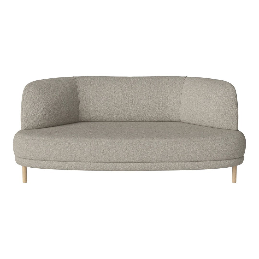 Light gray curved sofa with a smooth fabric texture and wooden legs, offering a minimalist and modern design.