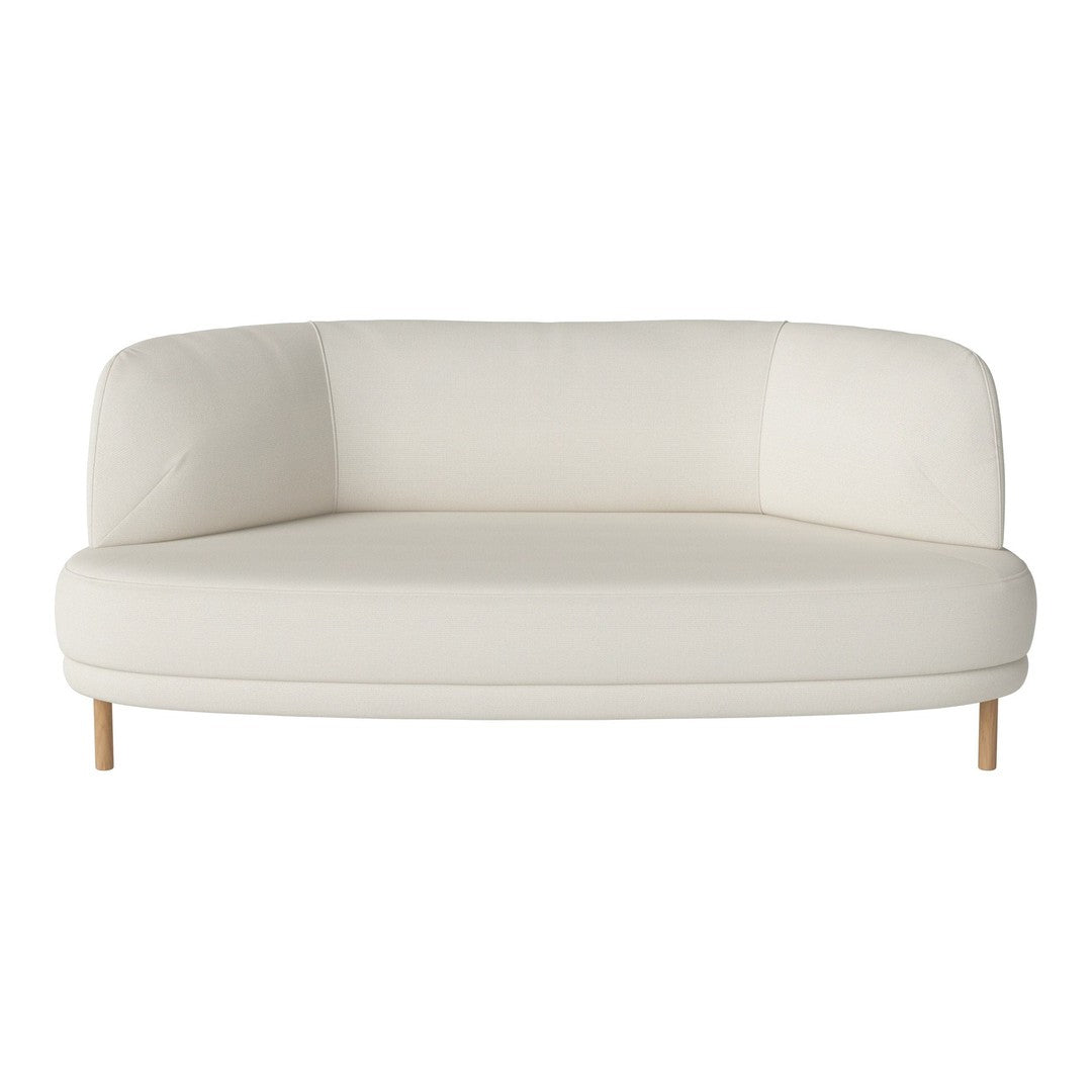 Curved white sofa with a smooth fabric finish and natural wooden legs, ideal for modern decor.