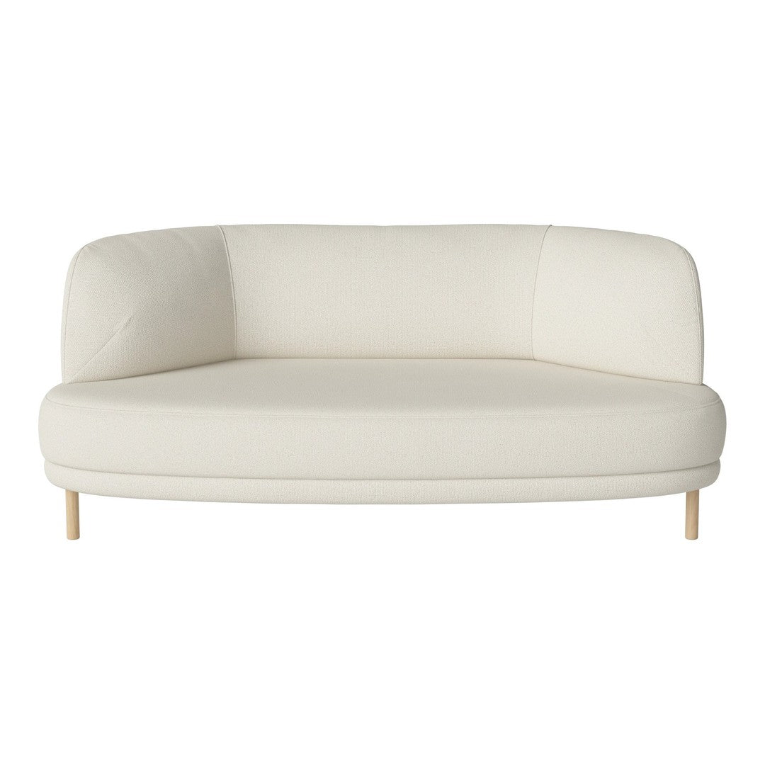Cream-colored curved sofa with smooth, minimalist design and light wooden legs. Perfect for modern interiors.