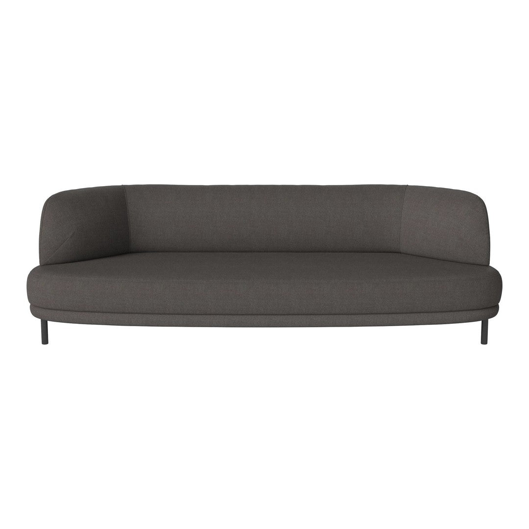 Gray modern sofa with a sleek, minimalist design and smooth fabric texture, featuring clean lines and subtle curves.