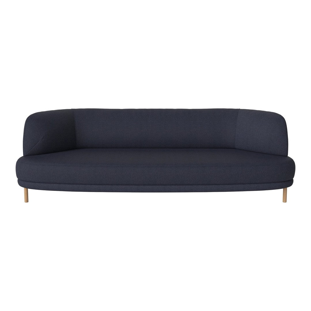 Navy blue sofa with a sleek, modern design and smooth fabric texture, complemented by light wooden legs.