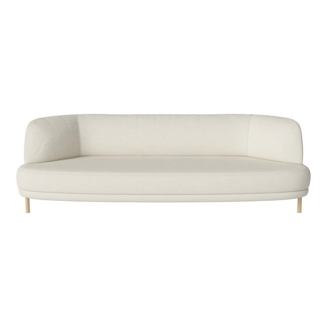 Modern curved sofa in soft white upholstery with a minimalist design and natural wood legs. Ideal for contemporary decor.