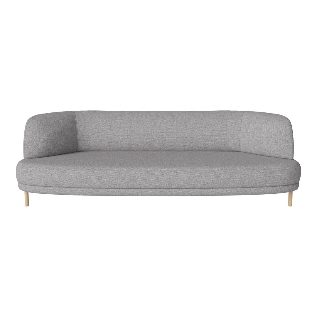 Gray curved sofa with smooth fabric and light wood legs, perfect for modern living room decor.